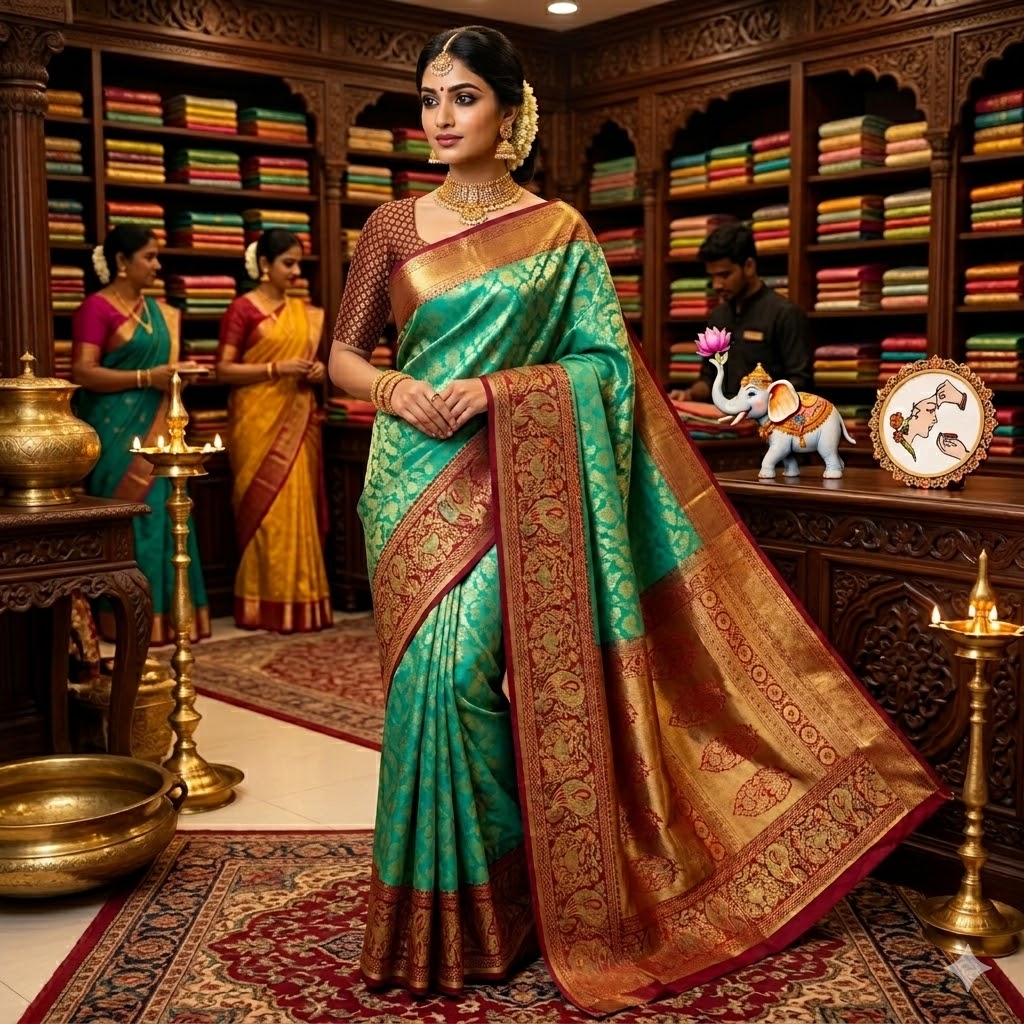 Turquiose Green with Maroon Fancy border Bridal Kanchipuram Mix Silk Saree