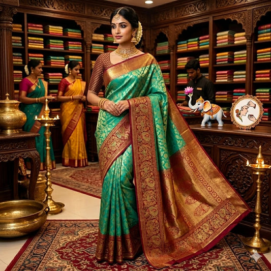 Turquiose Green with Maroon Fancy border Bridal Kanchipuram Mix Silk Saree