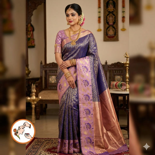 Blue with Pink Lotus border Fancy Semi Silk Saree