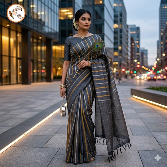 Grey Vertical stripes Handloom Cotton Casual Saree