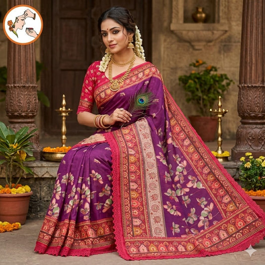 Purple Floral Designer Georgette Saree wth lace border