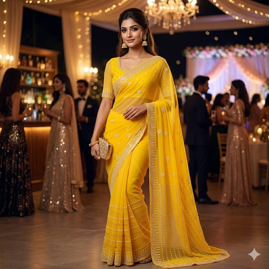 Yellow stonework Partywear Chiffon Saree