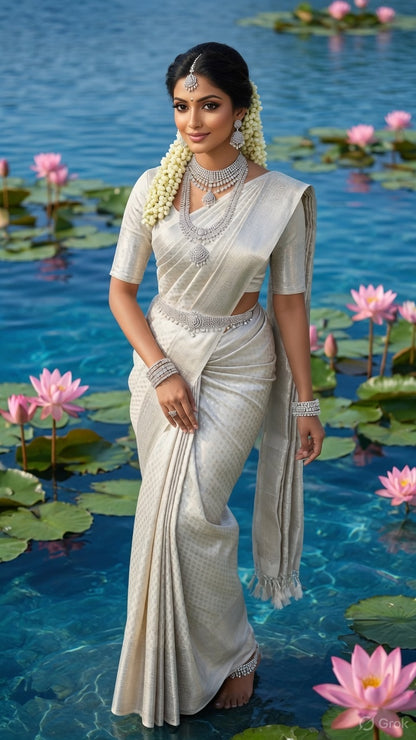 Silvery White 1000 butta Kanchipuram Mix Silk Saree