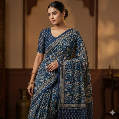 Indigo Blue Chanderi Kantha Embroidary Cotton Casual Saree