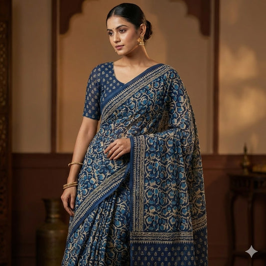 Indigo Blue Chanderi Kantha Embroidary Cotton Casual Saree