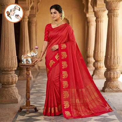 Red Podikattam elephant border soft viscose Fancy Silk Saree