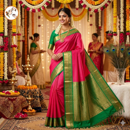 Magenta Pink with Emerald Green border Vairoosi stripes Kanchipuram Semi Silk Saree