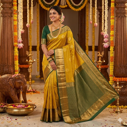 Mehendi Green Vairoosi vertial stripes Kanchipuram Semi Silk Saree