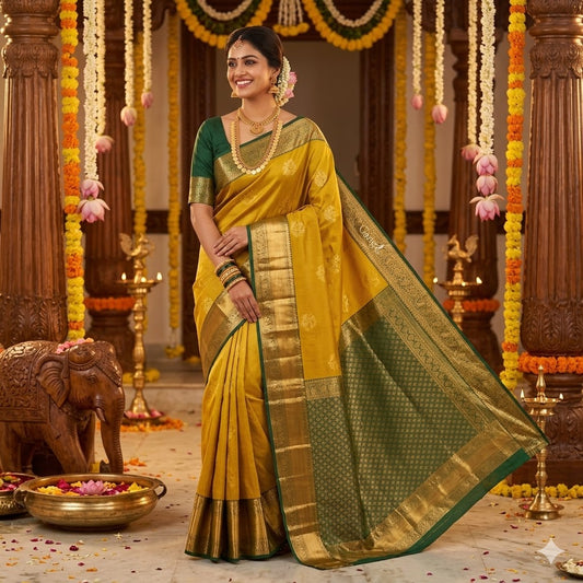 Mehendi Green Vairoosi vertial stripes Kanchipuram Semi Silk Saree