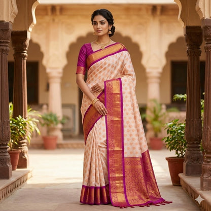 White with Purple vertical lines Copper zari Kanchipuram Soft Silk Saree
