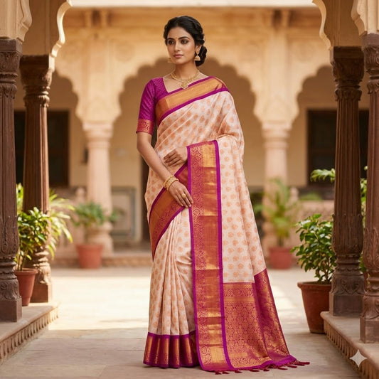 White with Purple vertical lines Copper zari Kanchipuram Soft Silk Saree