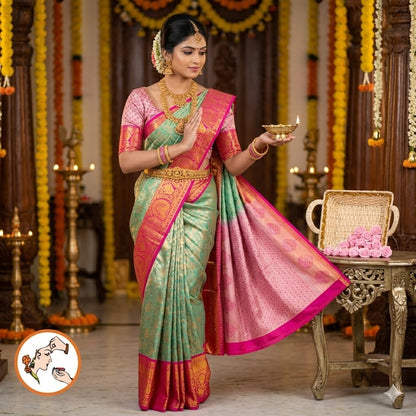 Pista/Sea Green with Pink border Kanchipuram Tissue Silk Saree with Intricate Floral & Vine patters