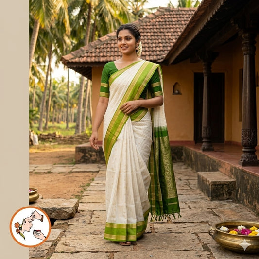 Off white Rain drop design with Parrot Green Retta Petta border Semi Soft Silk Saree