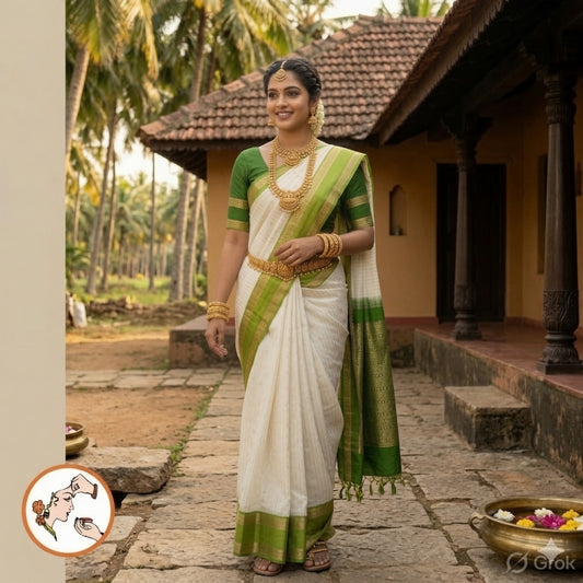 Off white Rain drop design with Parrot Green Retta Petta border Semi Soft Silk Saree