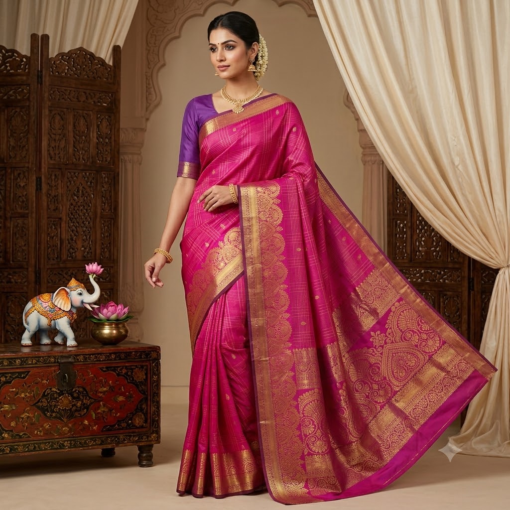 Dark Rich Magenta Vairoosi pattern gold zari work traditional motifs Kanchipuram Mix Silk Saree