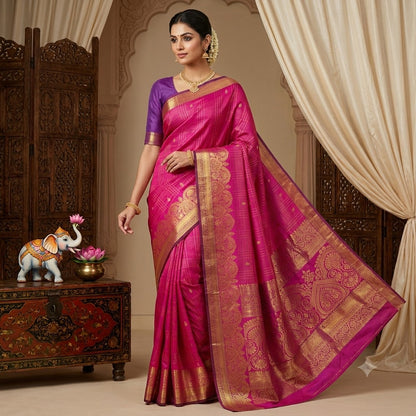 Dark Rich Magenta Vairoosi pattern gold zari work traditional motifs Kanchipuram Mix Silk Saree