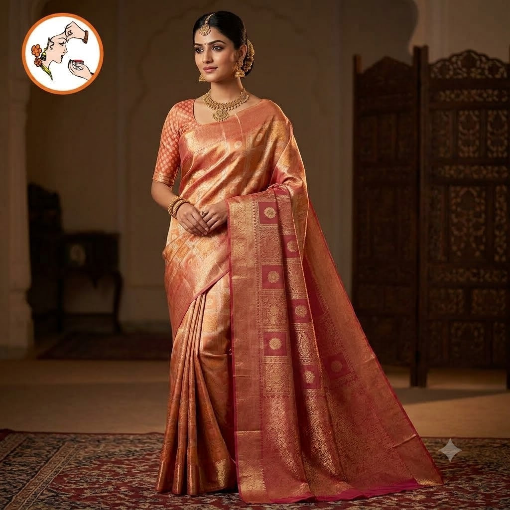 Rose Gold checkered pattern Kanchipuram Bridal High Tissue Silk Saree