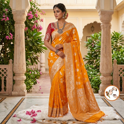 Orange Pure Organza Designer Saree with contrast Maroon blouse
