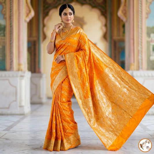 Golden Yellow floral Jaal design Pure Banarasi Silk Partywear Saree