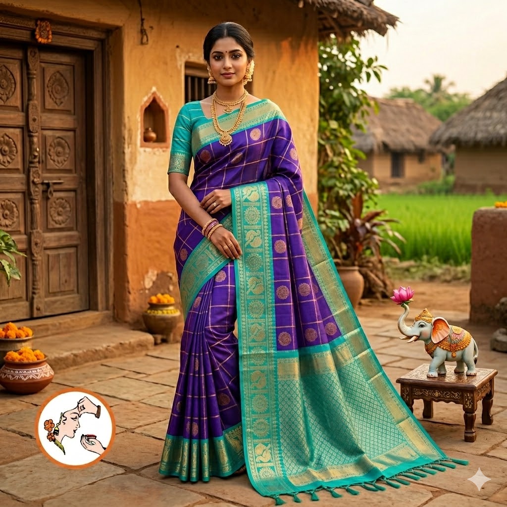 Royal Blue with Sky Blue Traditional Kattam & Mayil chakram design Pure Silk Cotton Saree