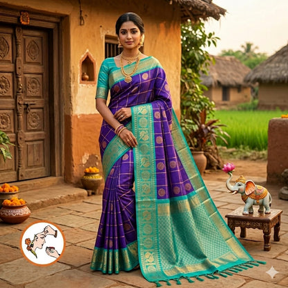 Royal Blue with Sky Blue Traditional Kattam & Mayil chakram design Pure Silk Cotton Saree