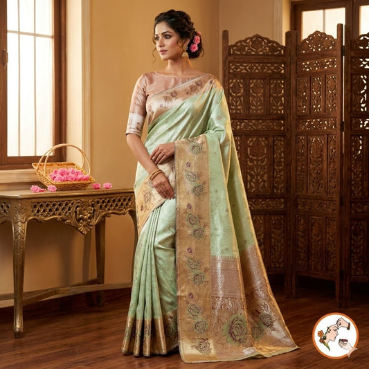Pastel Green Silver zari Kanchipuram High Tissue Silk Saree