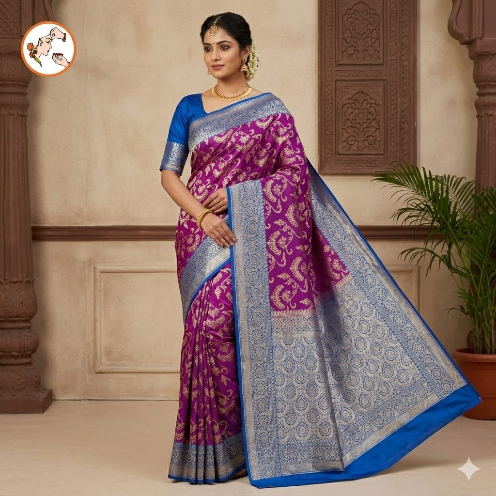 Purple with Blue border classic Banarasi Designer Saree