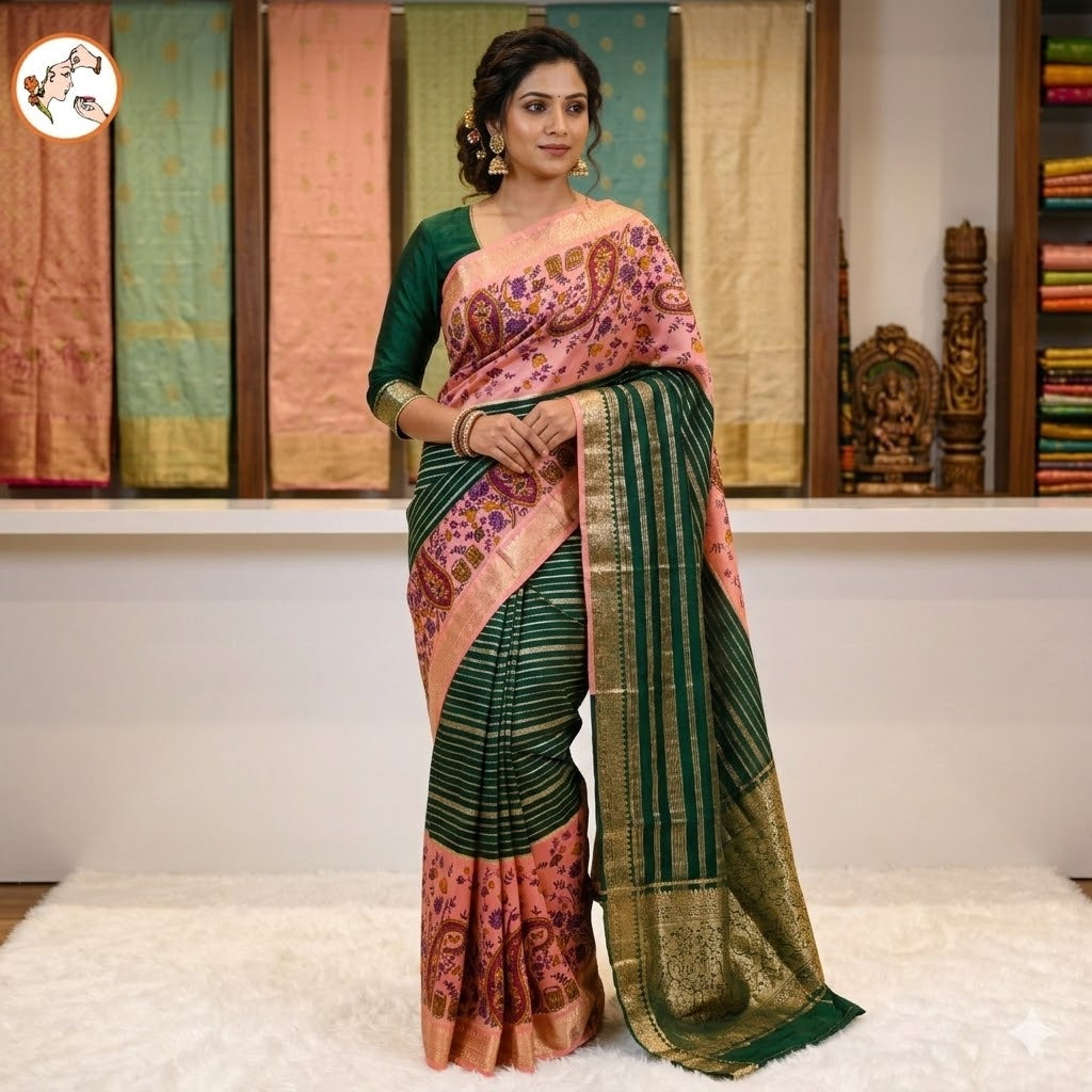 Dark Green & baby Pink with designer semi Mysore Silk Saree