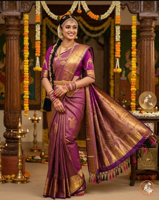 Wine Mango Butta Bridal Pure Kanchipuram  Silk Saree