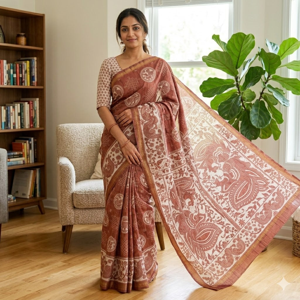 Brown Kalamkari Tussar Silk Saree with Kolam & Elephant Peacock butta