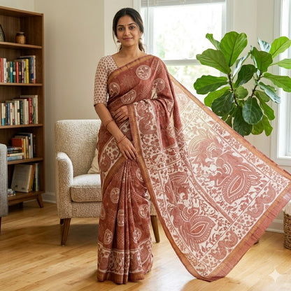 Brown Kalamkari Tussar Silk Saree with Kolam & Elephant Peacock butta