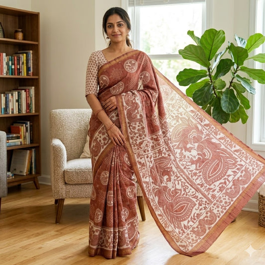 Brown Kalamkari Tussar Silk Saree with Kolam & Elephant Peacock butta