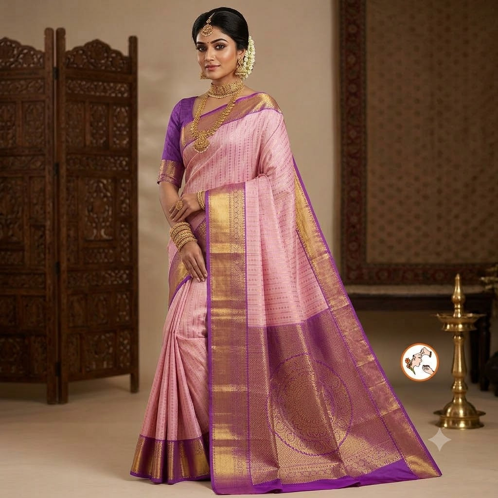 Lavender with Purple Gold zari woven border with vertical stripes Kanchipuram mix Silk Saree