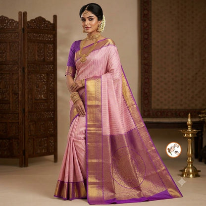Lavender with Purple Gold zari woven border with vertical stripes Kanchipuram mix Silk Saree