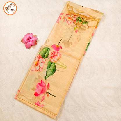 Cream Lotus Floral theme Tussar Saree Vivahasilks