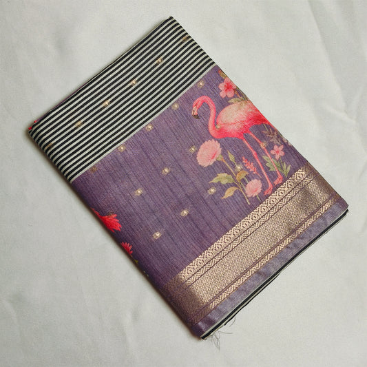 Lavender Tussar Saree with Black and White Stripes Pattern