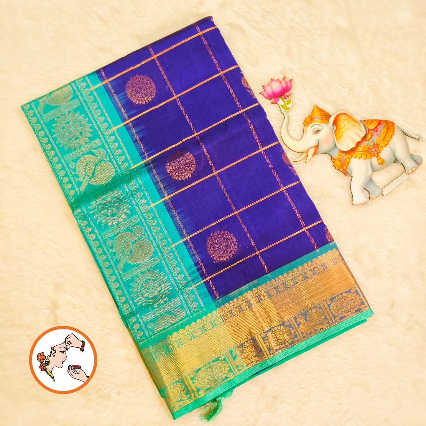 Royal Blue with Sky Blue Traditional Kattam & Mayil chakram design Pure Silk Cotton Saree