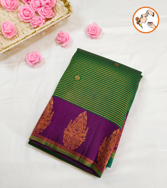 Green & Purple Semi Silk Saree with horizontal stripes & fancy border