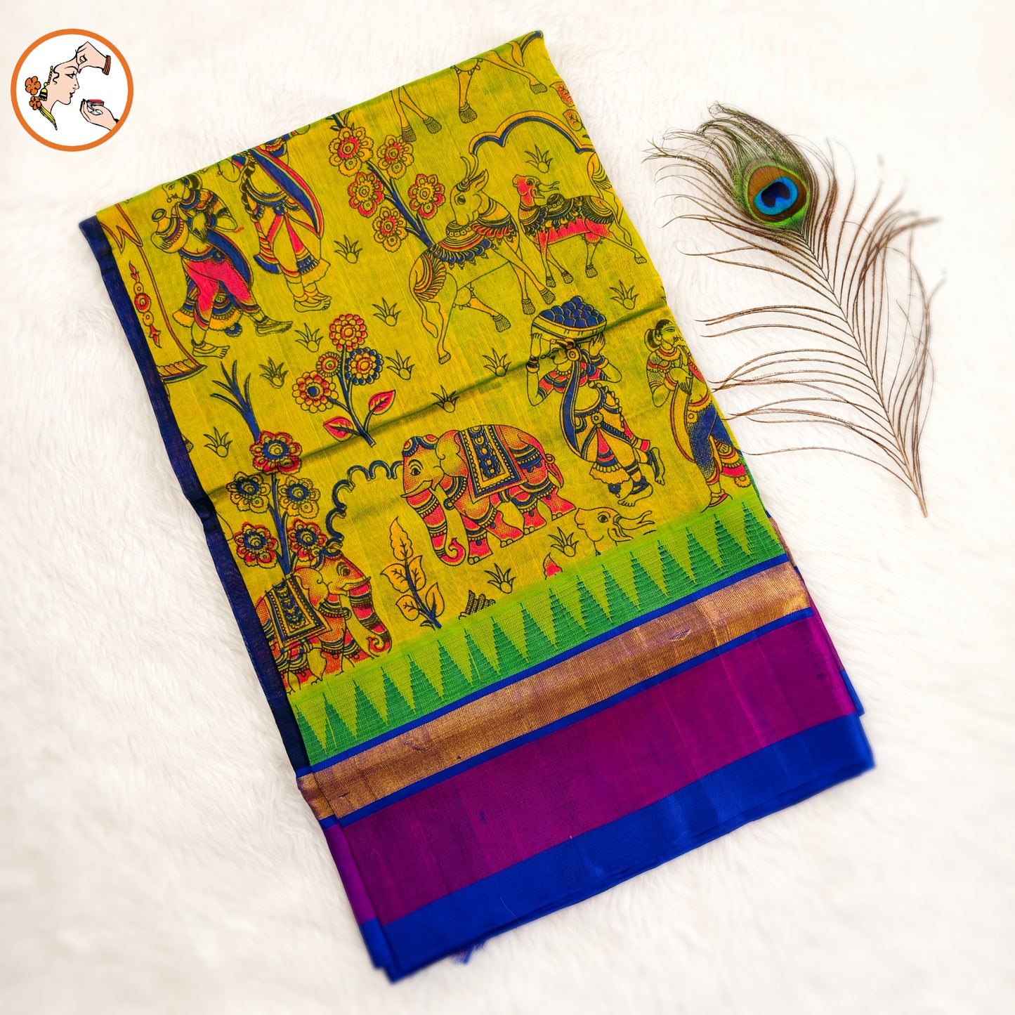 Green with Blue Pure Silk Cotton Saree with beautiful Kalamkari print