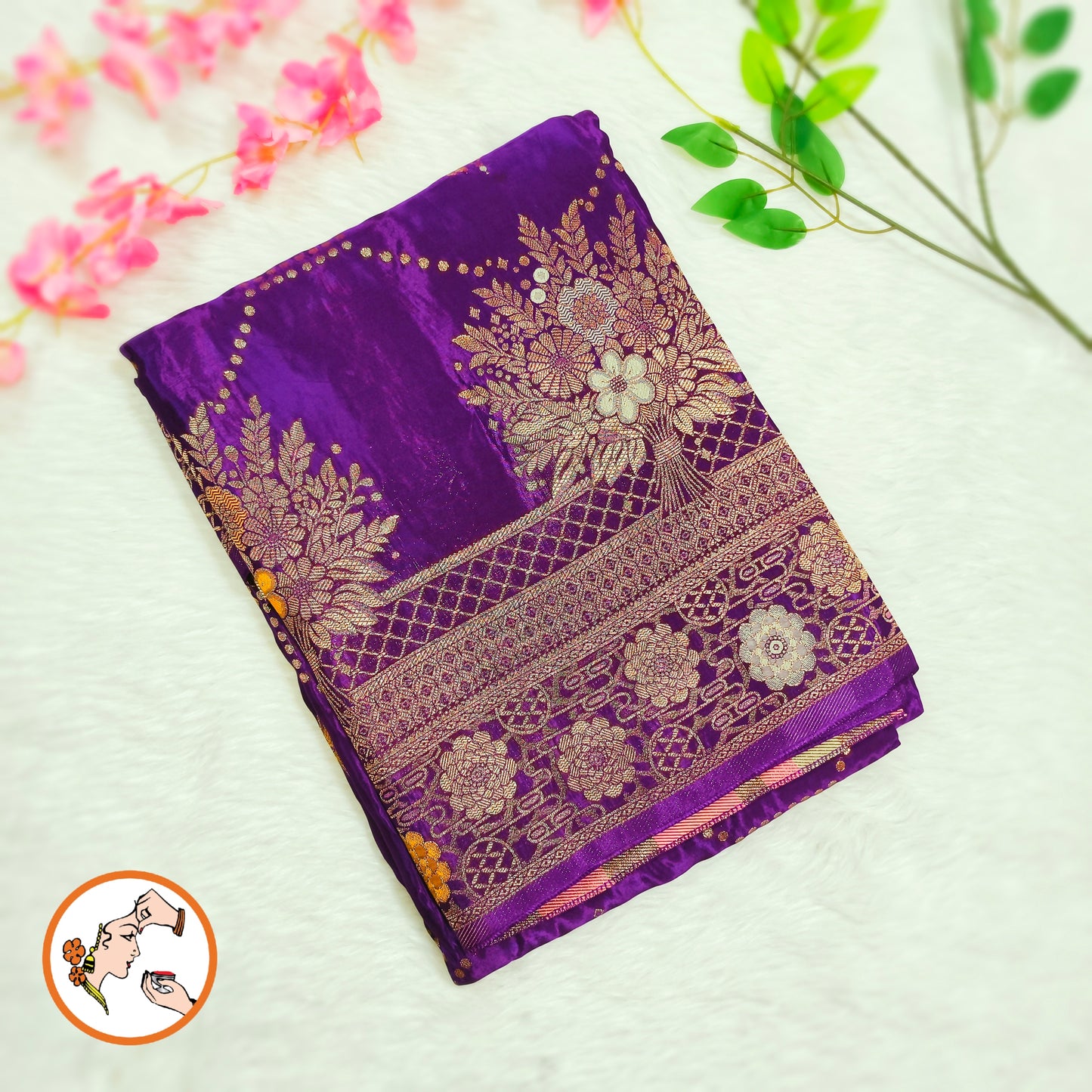 Purple colour Antique Rich Gold zari work Pure Banarasi Russian Satin Silk Fancy Saree