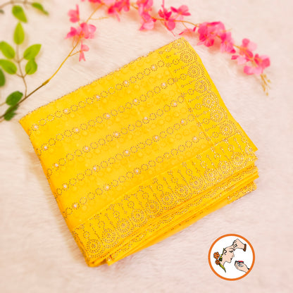 Yellow stonework Partywear Chiffon Saree