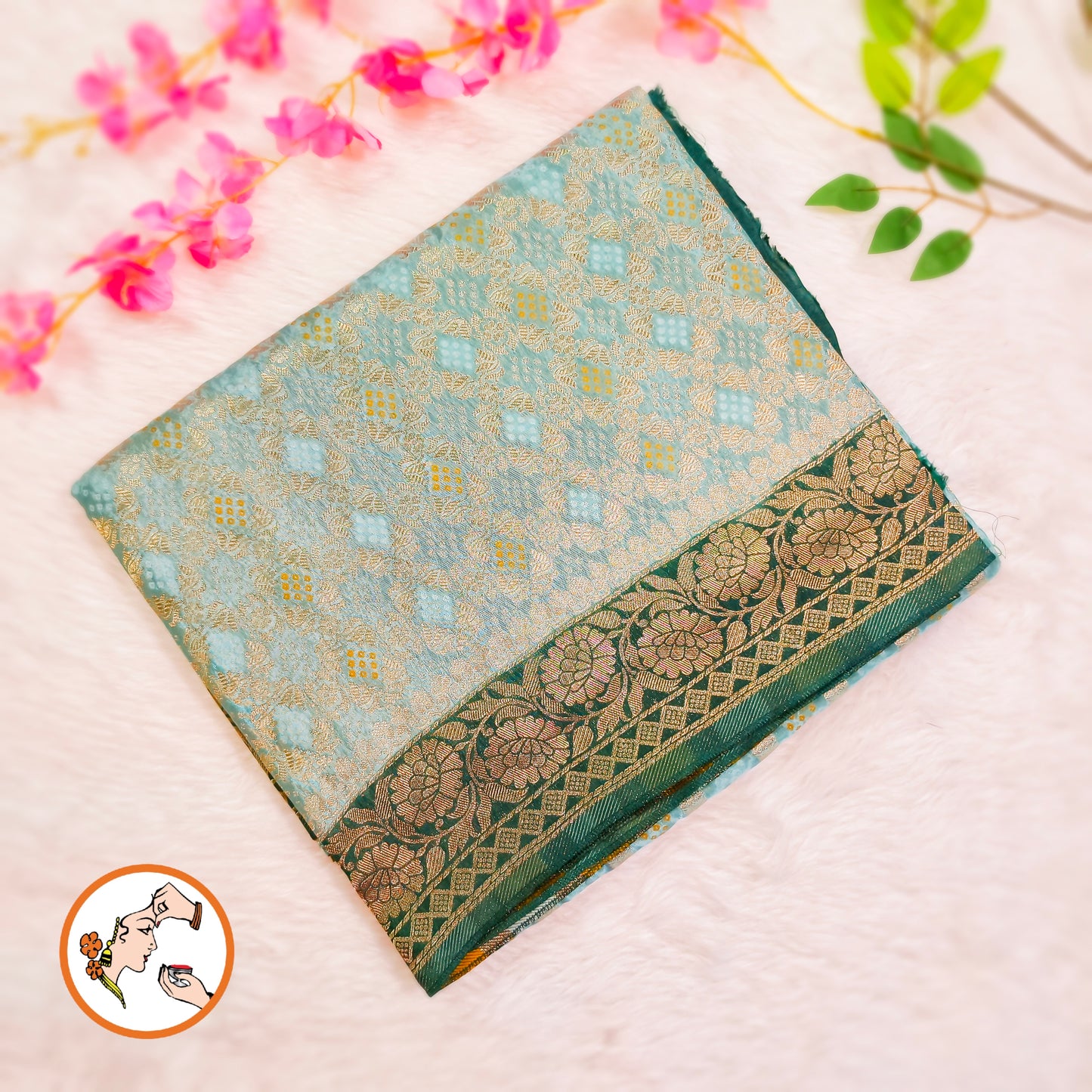 Sage Green with Dark Green border Rich Gold zari work Georgette Silk Fancy Saree
