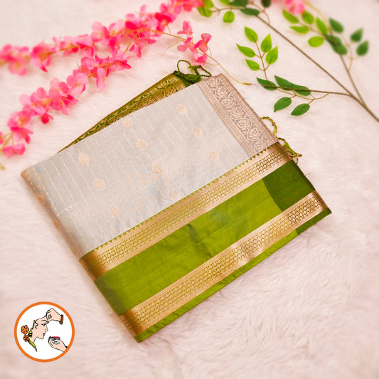 Off white Rain drop design with Parrot Green Retta Petta border Semi Soft Silk Saree