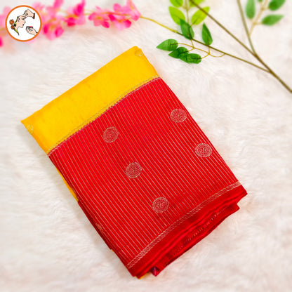 Yellow Viscose Fancy Silk Saree with Red vertical stripes border