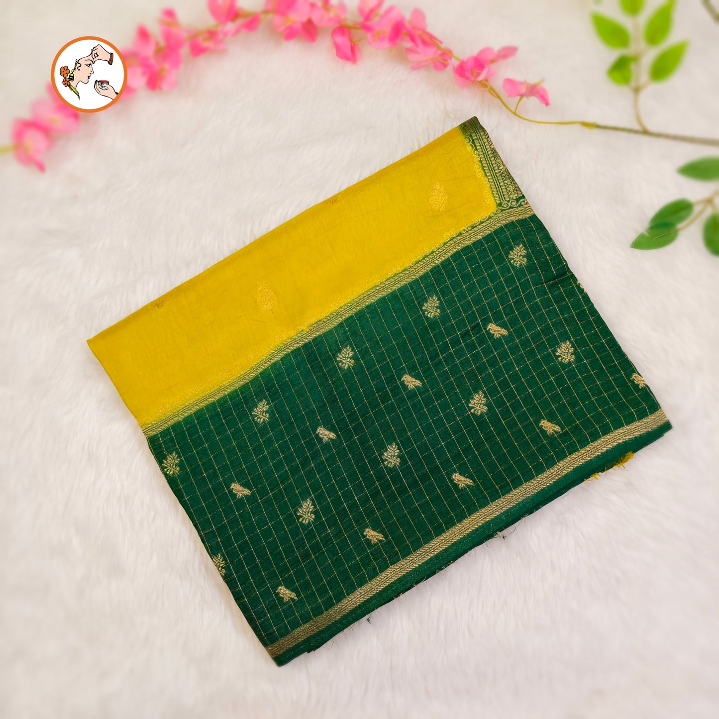 Yellow Viscose Soft Silk Sareewith Dark Green checks border