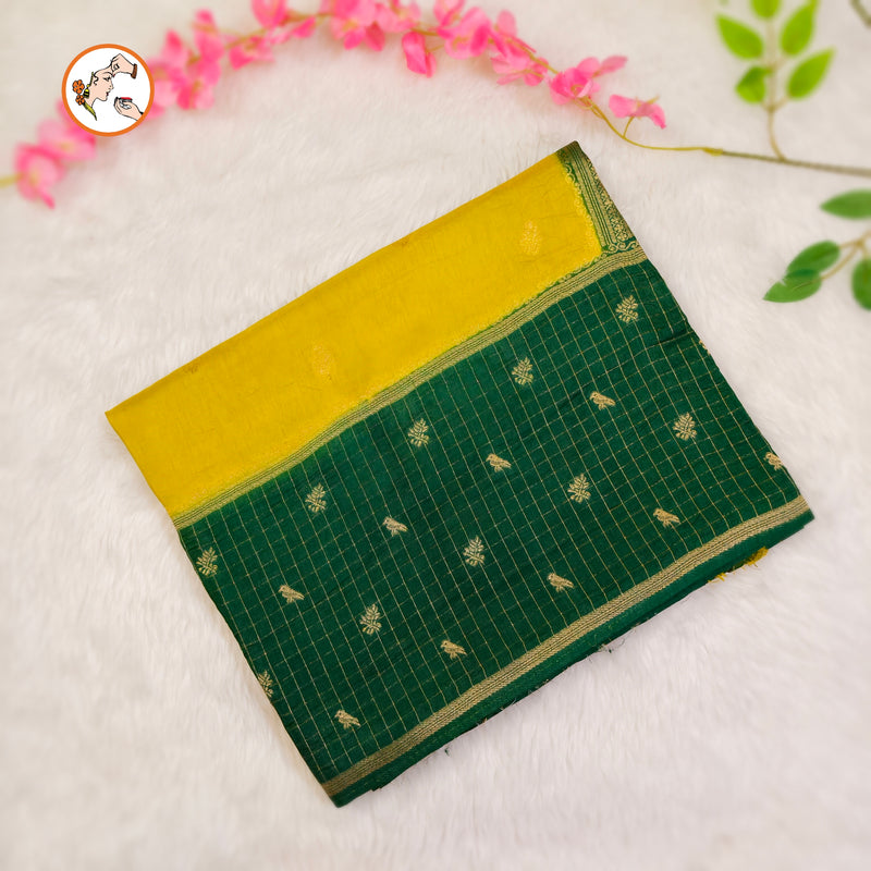 Yellow Viscose Soft Silk Sareewith Dark Green checks border