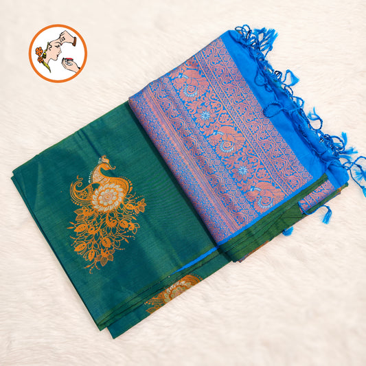 Peacocok Green with Blue borderless Soft Silk Saree with Peacock butta