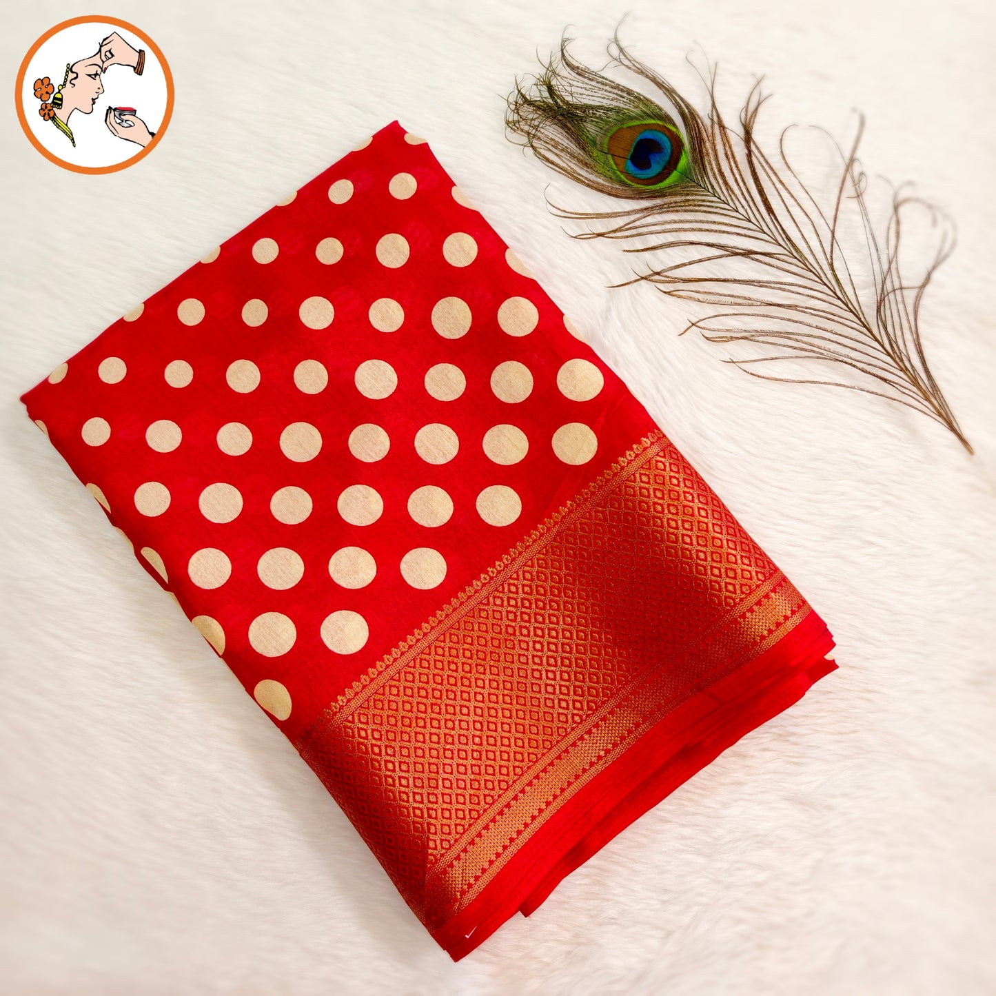 Red Retro theme Polka dots Dola Silk Casual saree