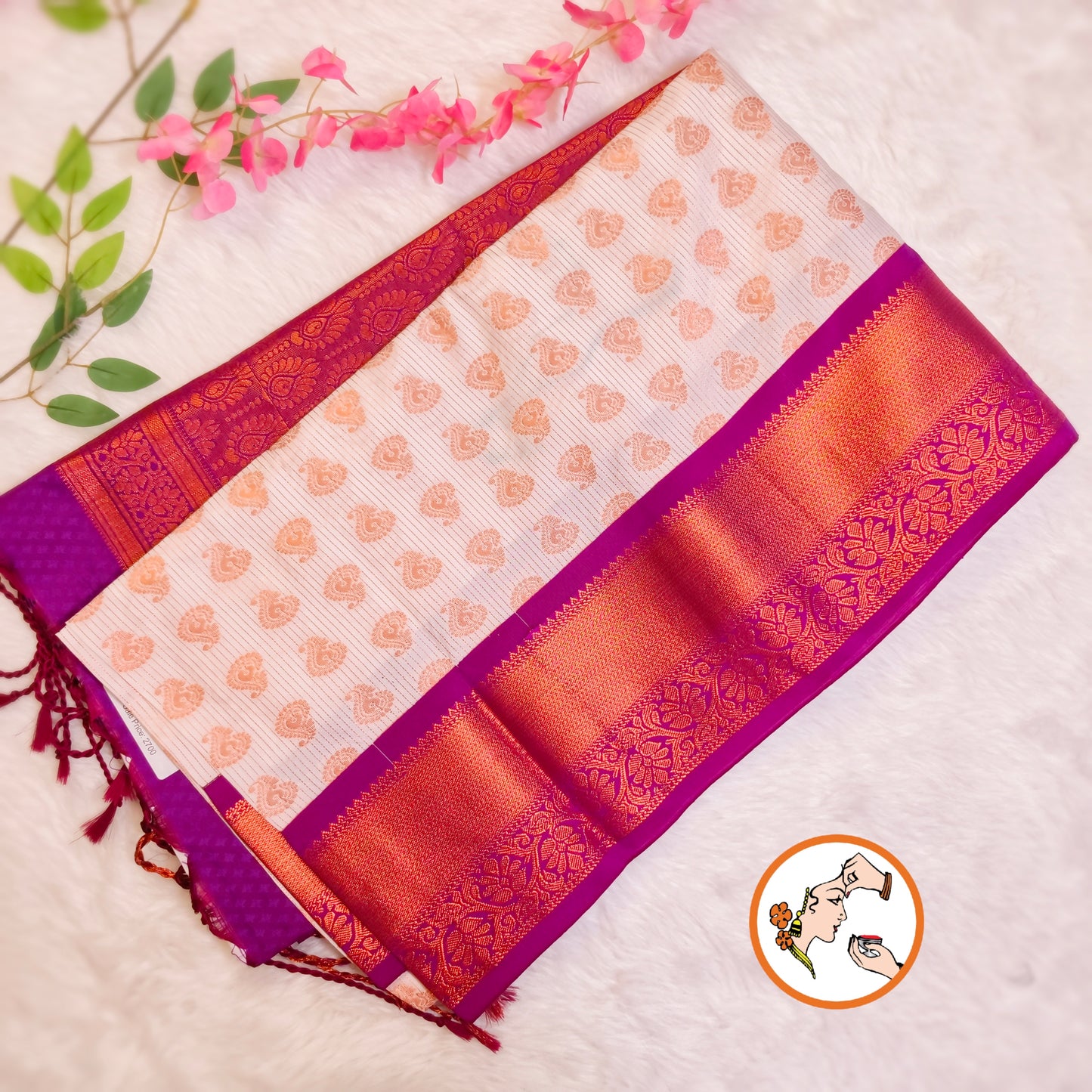 White with Purple vertical lines Copper zari Kanchipuram Soft Silk Saree