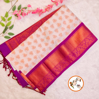 White with Purple vertical lines Copper zari Kanchipuram Soft Silk Saree